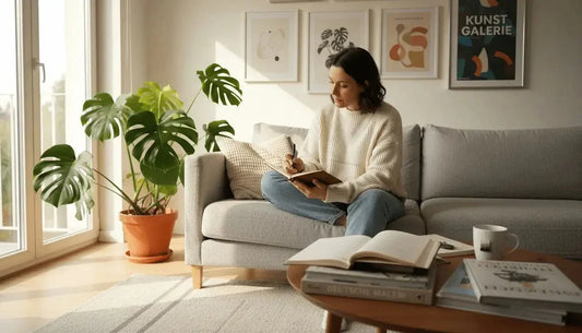 Frau in cremefarbenem strickpullover und blauen jeans sitzt auf grauem sofa zur emotionale resonanz symbolische kunst