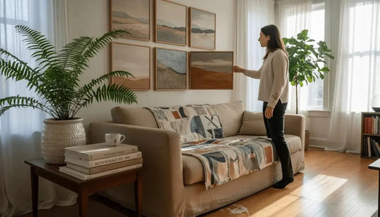 Beiges stoffsofa mit geometrisch gemustertem werfen als gelungene wandbilder sets für emotionale resonanz zuhause