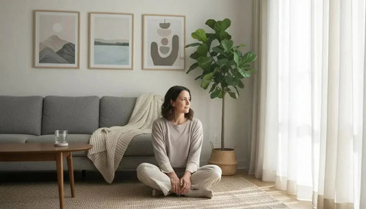 Moderner grauer sofa mit weißer decke und holz-couchtisch zur gestaltung einer eigenen achtsamkeits-ecke