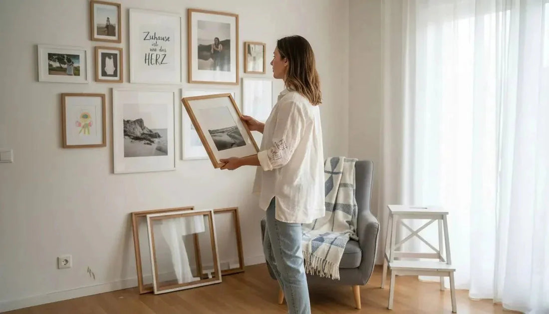 Eine frau hält ein rechteckiges foto mit rahmen aus hellem holz und einem schwarz-weißen küstenmotiv für eine harmonische bilderwand