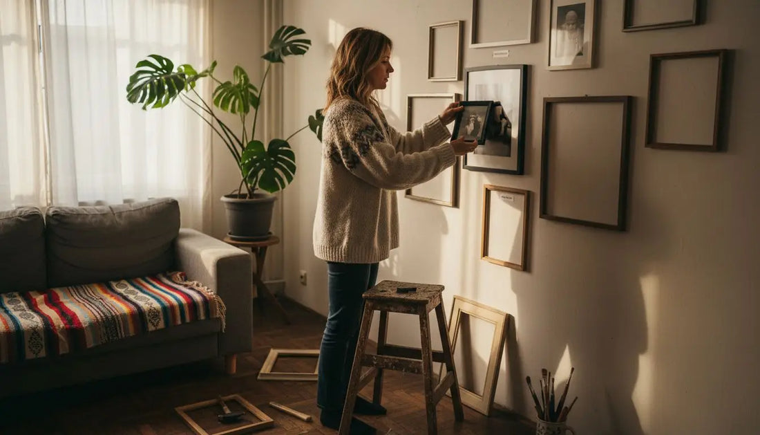Frau hängt Foto in Rahmen an bedeutungsvolle Bilderwand