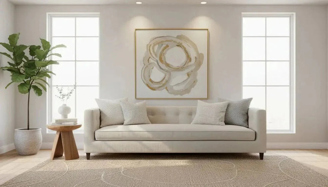 Cream tufted sofa mit holzbeinen und moderne abstrakte kunst über dem sofa emotionale wirkung durch hochwertige drucktechniken