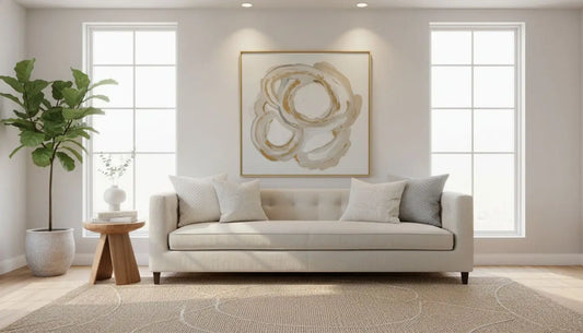 Creme gepolstertes Sofa mit Holzbefen und abstrakter Moderne-Kunst darüber