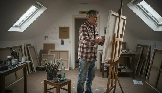 Ein mann in kariertem hemd und jeans malt auf einer leinwand vor einer staffelei bildende kunst für das emotionale zuhause