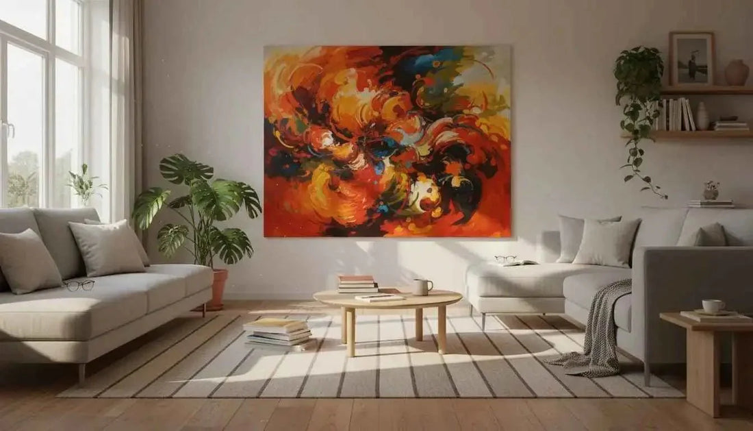 Orange und gelbe florale leinwand wandkunst mit lebendigen farben für emotionale resonanz und konzeptuelle fotografie