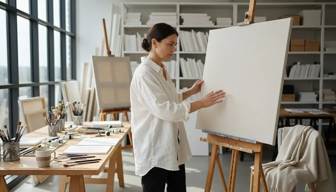 Weiße Leinwand auf Staffelei mit Holzrahmen