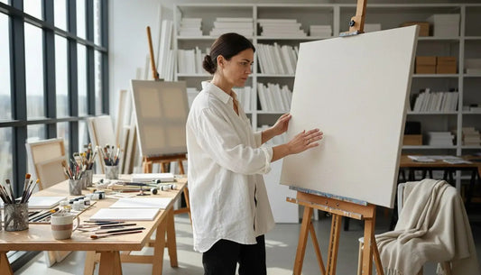 Weiße Leinwand auf Staffelei mit Holzrahmen