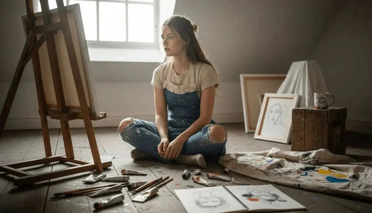 Eine junge frau in ripped denim overalls sitzt im atelier und nutzt meditative techniken für emotionale resonanz
