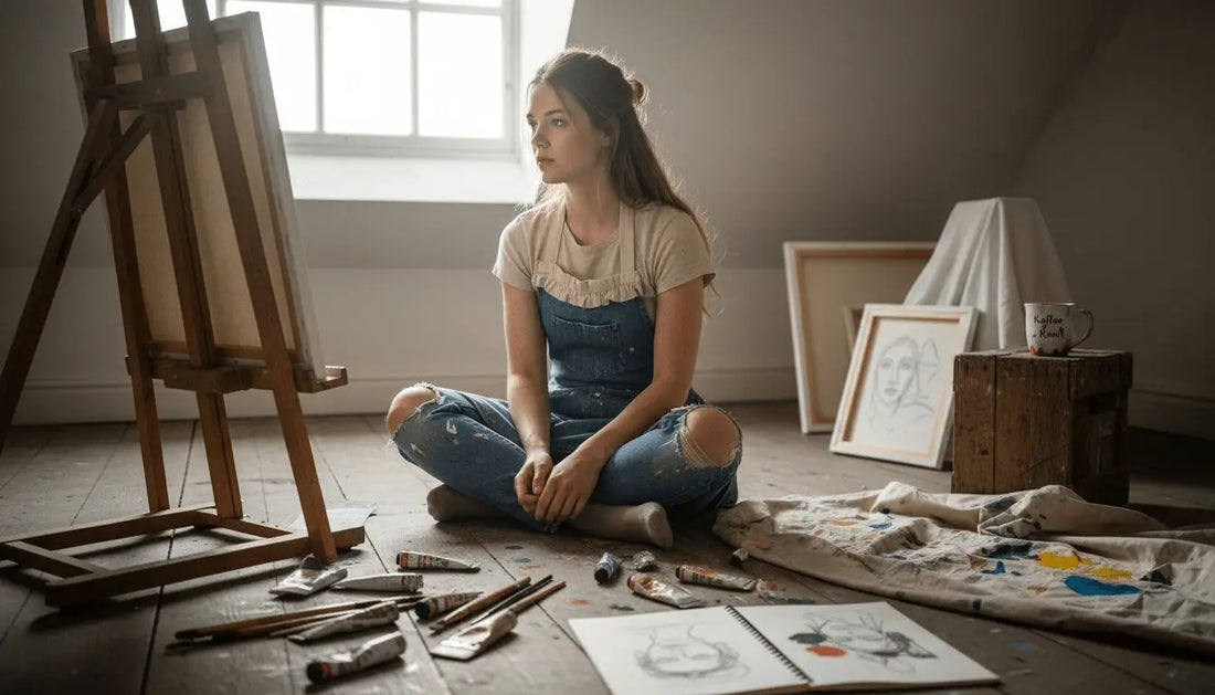 Junge Frau im Schneidersitz im Dachboden-Atelier, in zerrissenen Jeanslatzhose, künstlerische Inspiration