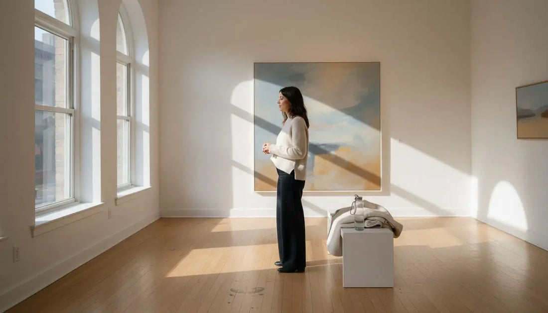 Frau in weißem Pullover neben abstraktem Kunstwerk in Beige, Blau und Grau