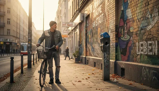 Ein mann in jeansjacke und jeans steht neben seinem schwarzen fahrrad mit drahtkorb auf sonnenbeschienener stadtstraße für bewusster kunstgenuss und gestaltung persönlicher räume