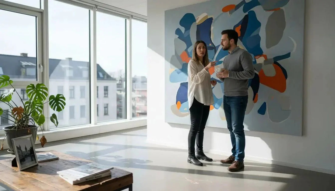 Ein großes abstraktes gemälde mit kräftigen blauen, orangen und grauen formen vermittelt emotionale resonanz und spirituelle tiefe