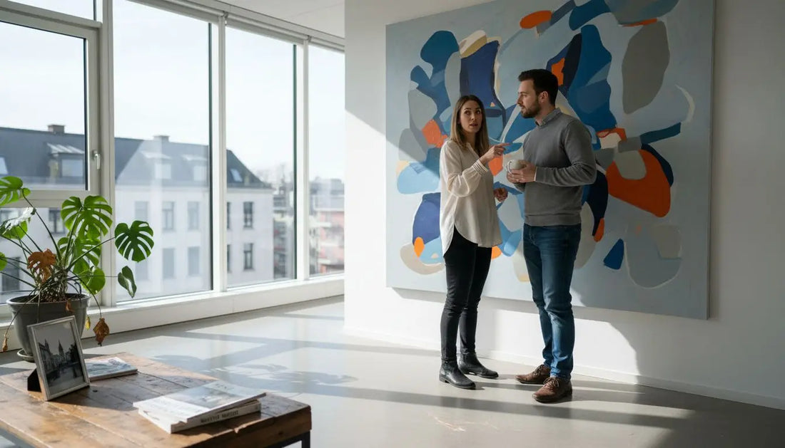 Abstraktes Gemälde mit blauen, orangenen und grauen Formen an der Wand