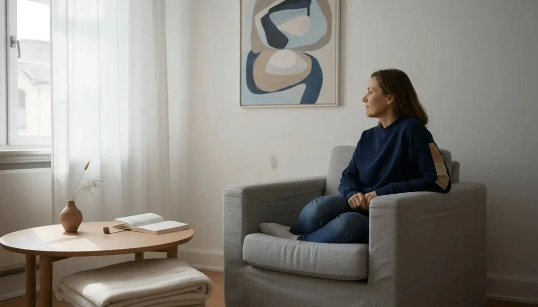 Eine frau in einem marineblauen pullover sitzt ruhig auf einem hellgrauen stoffsessel kunst bewusst erleben räume poetisch gestalten emotionale resonanz