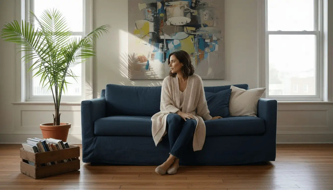 Navyblauer Polstermöbelsofa mit Kissen und Beige-Decke in bewusstem Raum