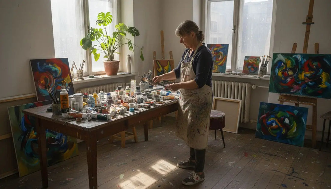 Künstlerin in Farbklecksen-Apron umgeben von abstrakten Gemälden und Materialien
