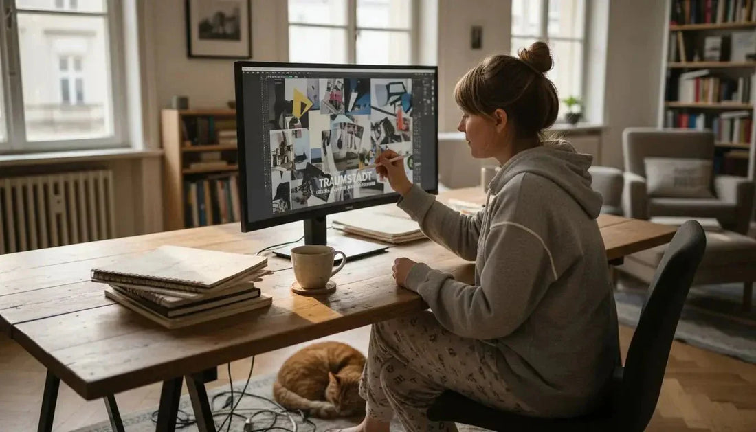 Eine frau in grauem hoodie zeigt auf einen bildschirm mit generativer kunst und immersiven erlebnissen