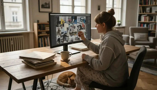 Eine frau in grauem hoodie zeigt auf einen bildschirm mit generativer kunst und immersiven erlebnissen