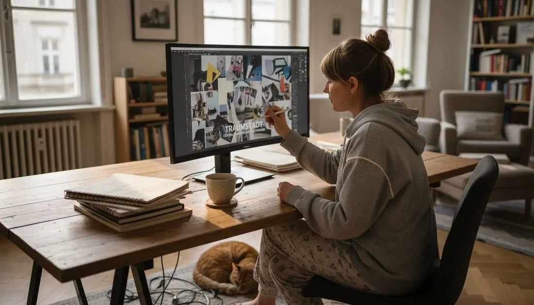 Frau in Grauer Hoodie zeigt auf Bild-Thumbnails am Monitor