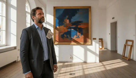 Ein gerahmtes abstraktes gemälde mit kräftigen blauen und orangen pinselstrichen in einem goldfarbenen holzrahmen zum erweiterten kunstbegriff und gesellschaftliche narrative von joseph beuys