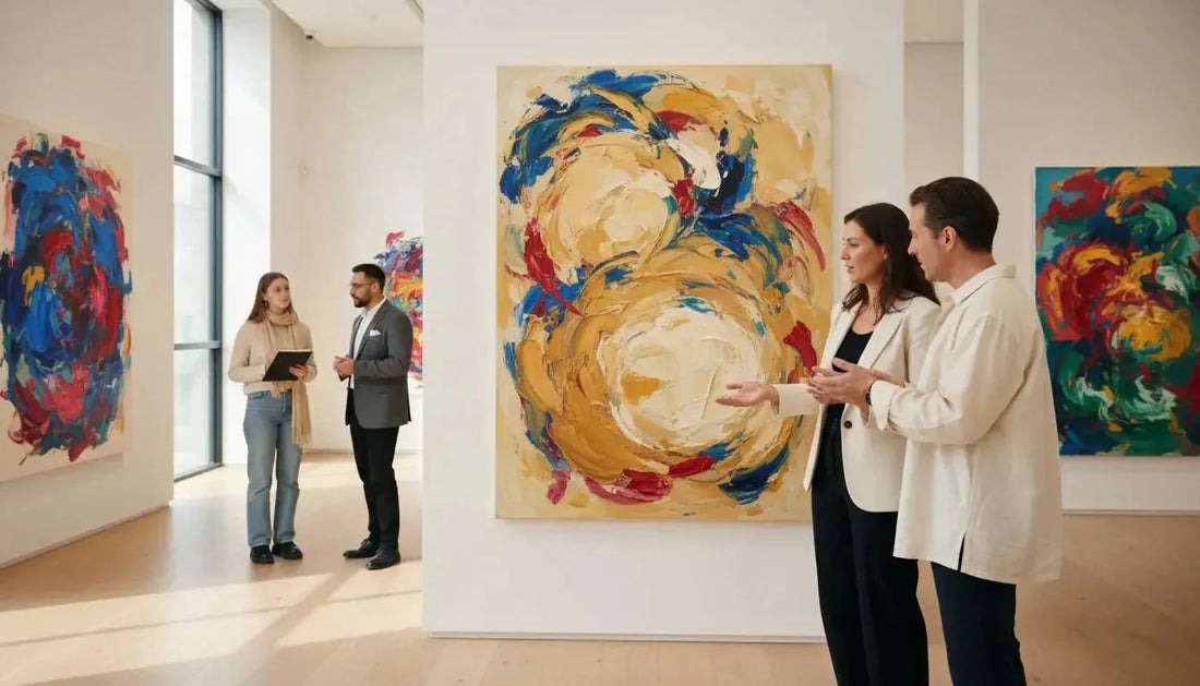 Abstraktes gemälde mit wirbelnden gelb und blau tönen auf texturierter leinwand für spirituell suchende kunstliebhaber