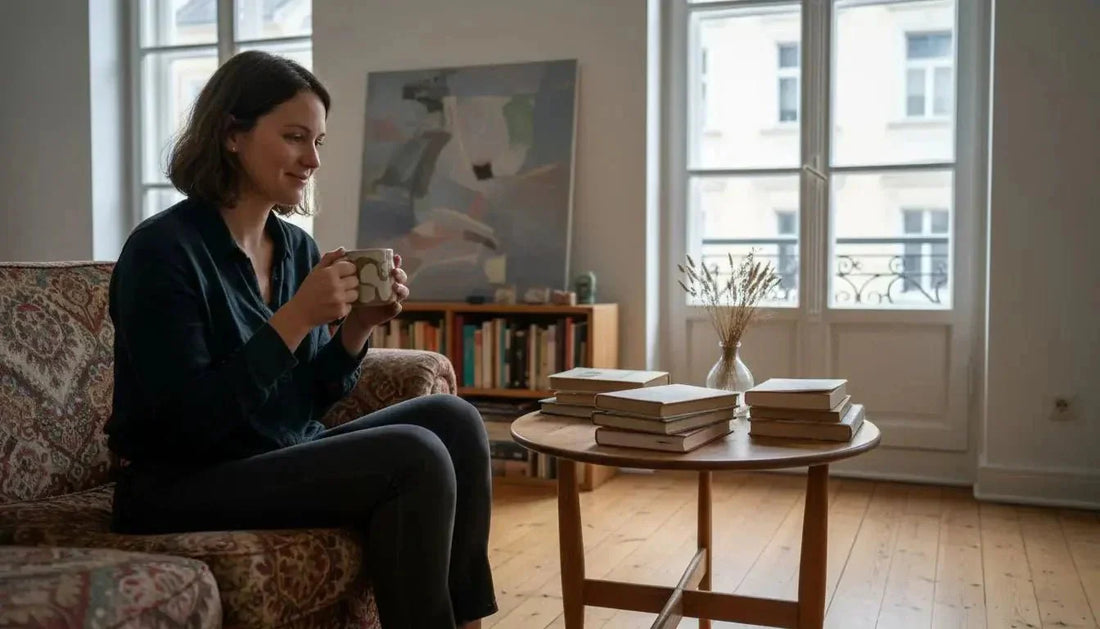 Eine frau sitzt auf einem gemusterten sofa mit einer keramiktasse und zeigt kreative selbstentfaltung und emotionale motive
