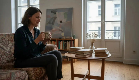 Eine frau sitzt auf einem gemusterten sofa mit einer keramiktasse und zeigt kreative selbstentfaltung und emotionale motive