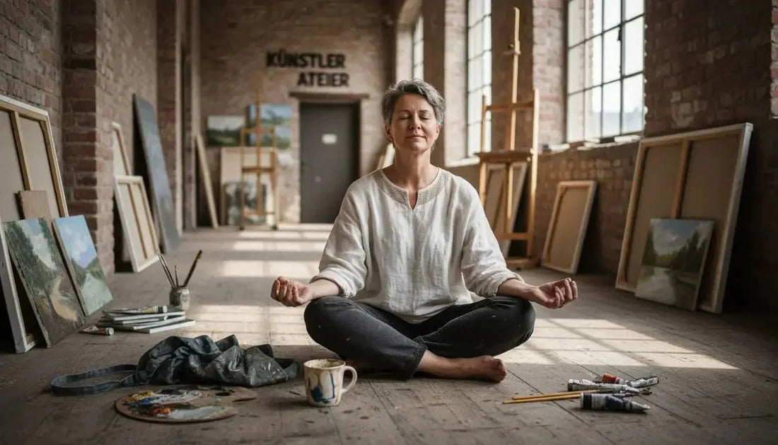 Eine frau sitzt im sonnenlicht in einem atelier mit weißer leinenbluse und jeans im kreativen prozess zur inneren resonanz