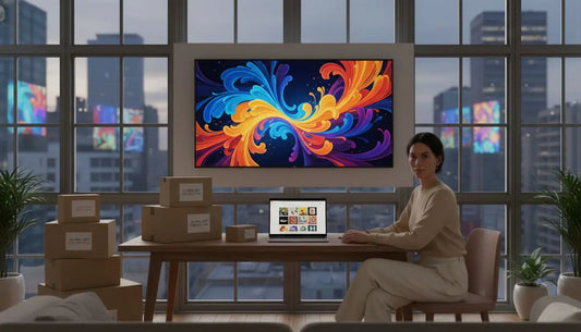 32-Zoll Samsung QLED TV mit buntem Wirbeldesign auf dem Bildschirm