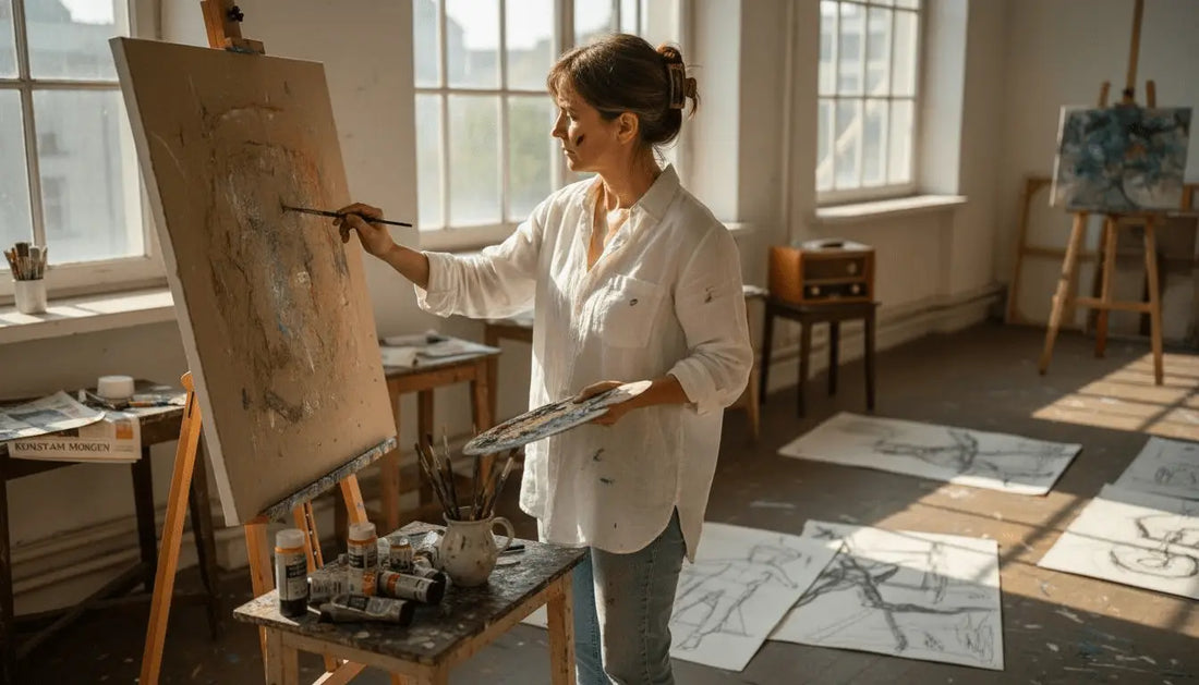 Frau malt Porträt an Staffelei – Kunst fördert persönliche Entwicklung