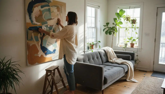 Abstraktes Kunstwerk in Creme mit blauen und gelben Akzenten an weißer Wand