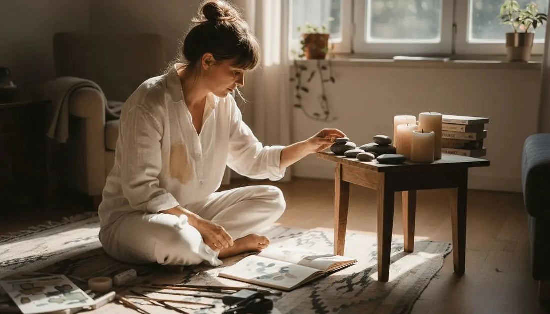 Frau in weißem Leinen-Outfit arrangiert Steine rituell bei Kunst als Selbsterfahrung
