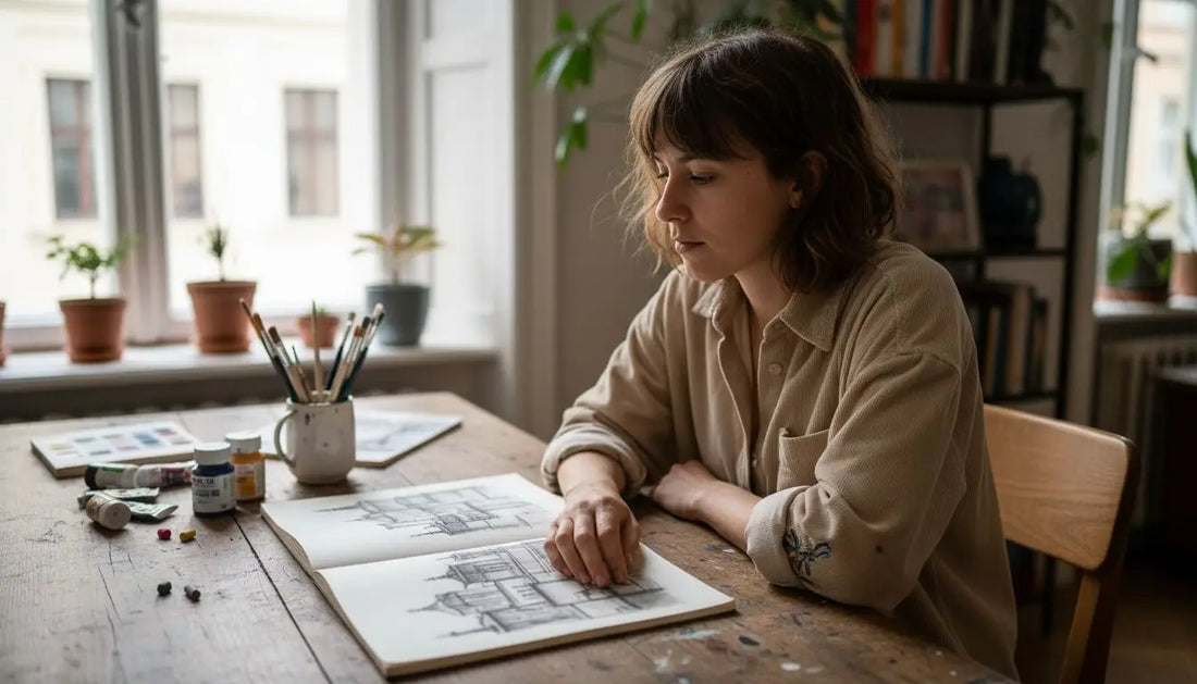 Frau in beigem Hemd skizziert Architekturdesigns aus Buch als Selbstreflexion