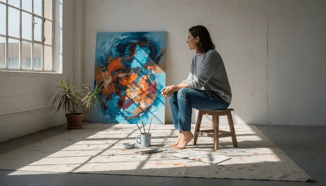 Abstraktes Gemälde mit wirbelnden Blautönen, Orangen und Schwarz für Selbstreflexion