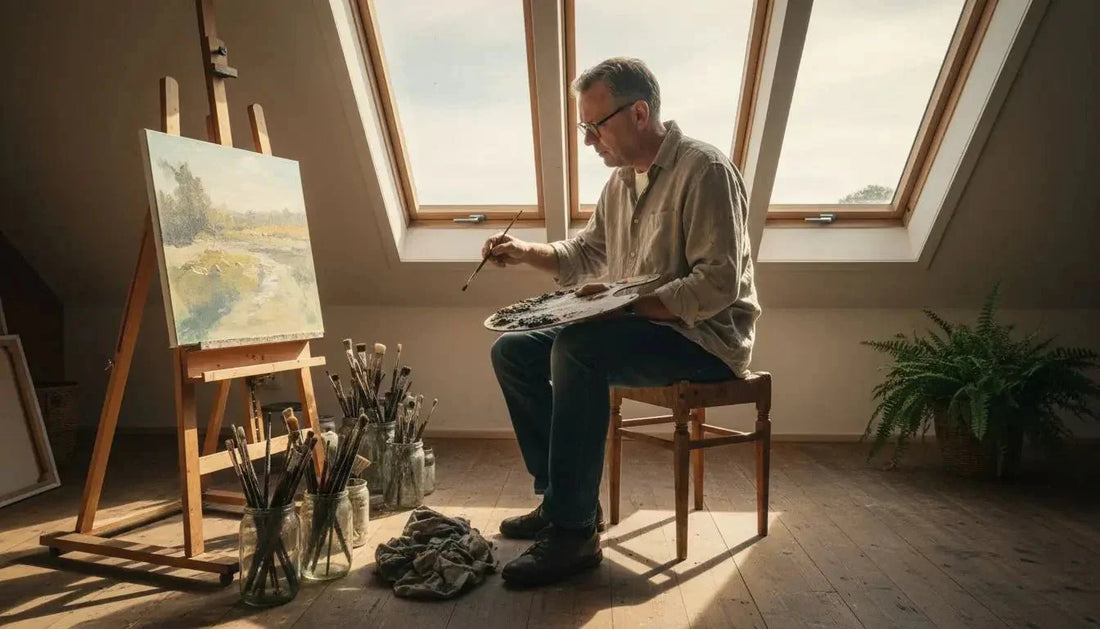 Ein künstler malt eine landschaft in erdigen farbtönen am staffelei sinnsuche ermöglichen durch emotionale resonanz
