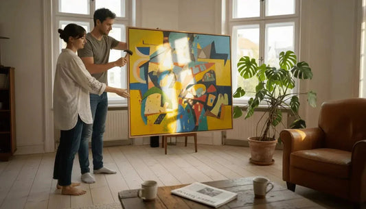 Vibrante abstrakte malerei mit gelben blauen und roten geometrischen formen auf nachhaltigen materialien