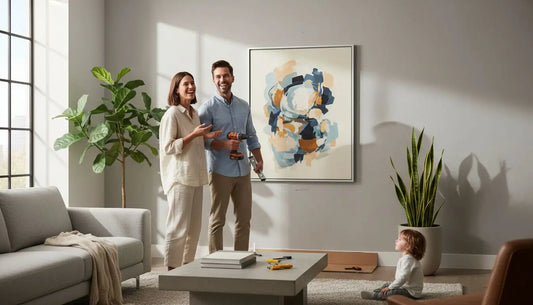 Moderne abstrakte Malerei mit blauen und weißen Blumen auf grauem Hintergrund, in Silber gerahmt