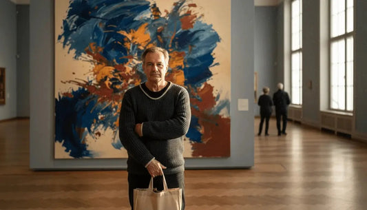 Ein mann steht vor einem großen abstrakten gemälde mit kräftigen blauen orange beigen pinselstrichen emotionale resonanz kultureller kontext