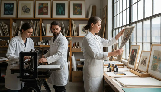 Schwarz-silberne Kunstdruckpresse mit Holzfuß