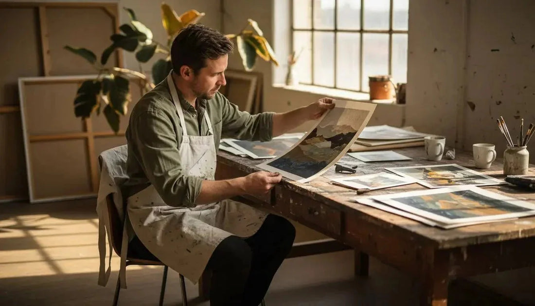 Canvas apron mit farbspritzern und taschen zeigt hochwertige kunstdrucke und präzise farbwiedergabe