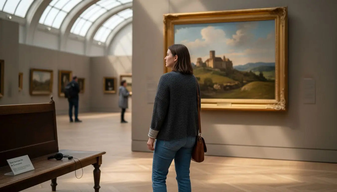 Frau in grauem Pullover und Jeans betrachtet Schloss-Gemälde in Galerie