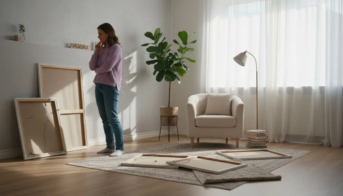 Frau in lavendelfarbenem Pullover und Jeans bei leeren Holzrahmen auf dem Boden im Auswahlprozess für ihr Seelenbild