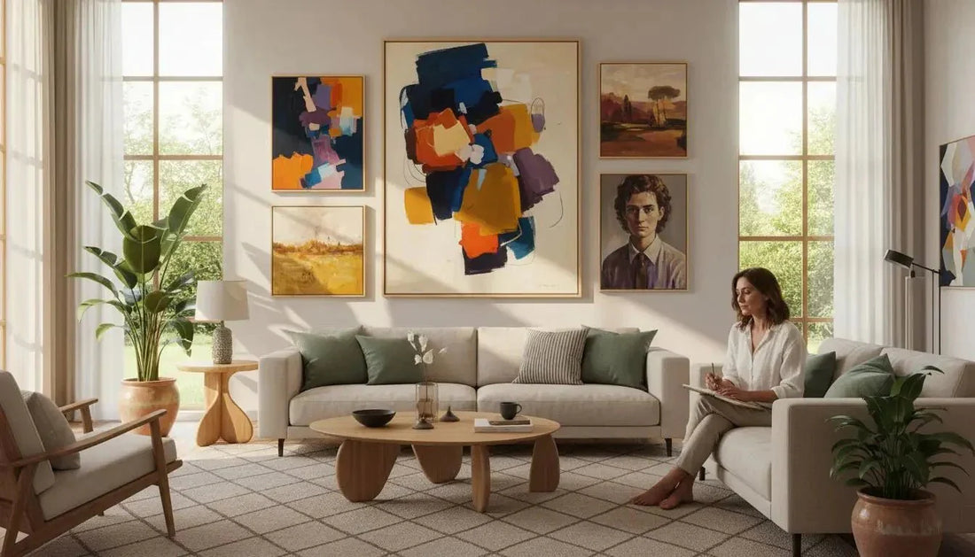 Beige sofa mit modernem abstraktem leinwandbild an der wand mit stabilen keilrahmen und hoher emotionaler wirkung