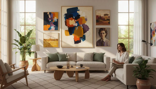 Beiges Sofa mit modernem abstraktem Leinwandbild an der Wand