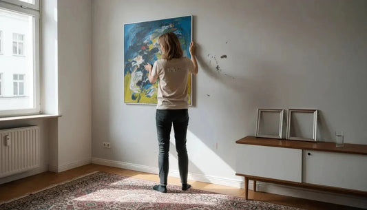 Ein lebendiges abstraktes gemälde mit wirbelnden blauen, gelben und weißen farben vermittelt eine emotionale vision