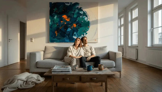 Ein moderner grauer sofa mit minimalistischen linien bringt modernen wandkunst ästhetischen ausdruck und emotionale resonanz