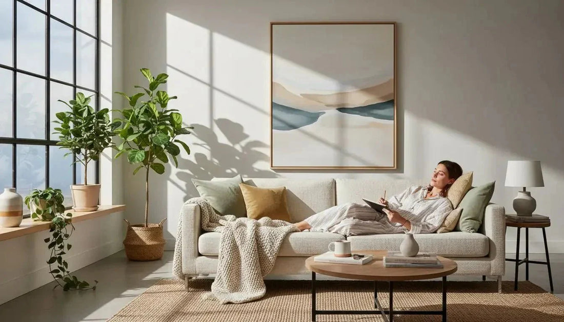 Cremefarbiges modernes sofa mit flauschigen kissen und gewebtem couchtisch als basis für persönliche seelenkunst und bedeutungsvolle kunst gestaltung
