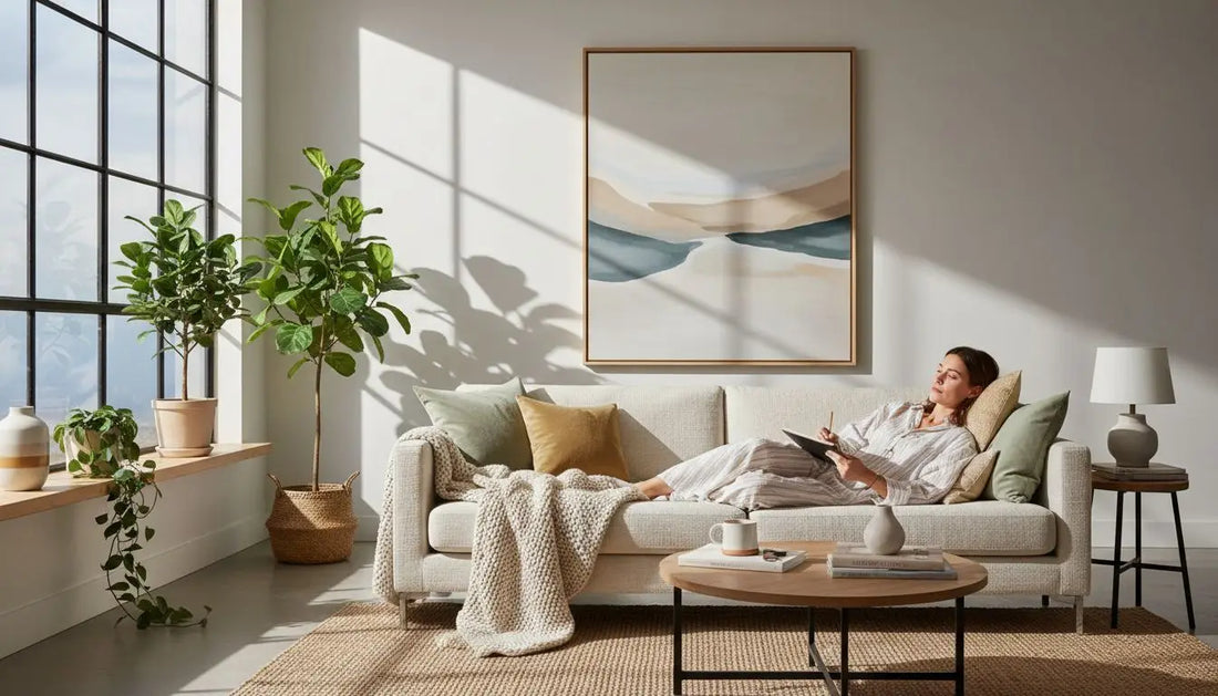 Moderne cremegelbe Sofa mit Plüschkissen und geflochtener Couchtisch