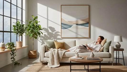 Moderne cremegelbe Sofa mit Plüschkissen und geflochtener Couchtisch