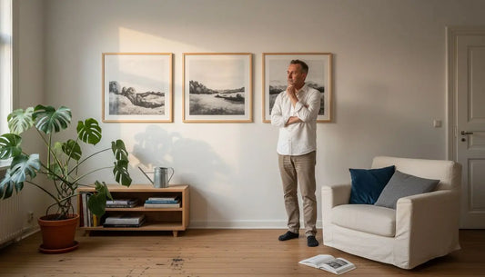 Mann in weißem Hemd und Beigehose bei Armstuhl mit Kissen, originale Kunstdrucke